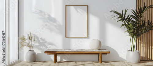 Wooden bench against white wall with poster frame. Ethnic farmhouse interior design of modern entrance hall,in the style of monochromatic whithe figures,fragmented architectur,coastal and harbor views