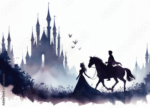 Fairy tale prince and princess silhouette on horse walking to castle.