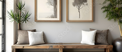 Wooden rustic bench with pillows against wall with two poster frames. Country farmhouse interior design of modern home entryway,fragmented architectur,coastal and harbor views,capture the essence of n