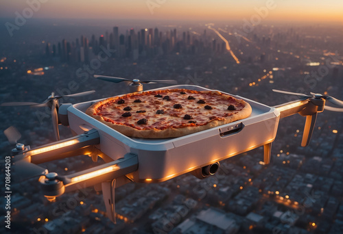 A quadcopter soaring over a modern cityscape, delivering a pizza box with precision. Ideal for showcasing the future of urban deliveries, the drone services, food delivery, and urban lifestyle.