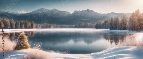 A winter landscape with a frozen lake and a coniferous forest on the background, covered with snow. Snowy mountains in the background.