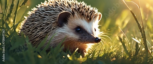 The hedgehog is sitting in the tall green grass. Bright sun on the background.