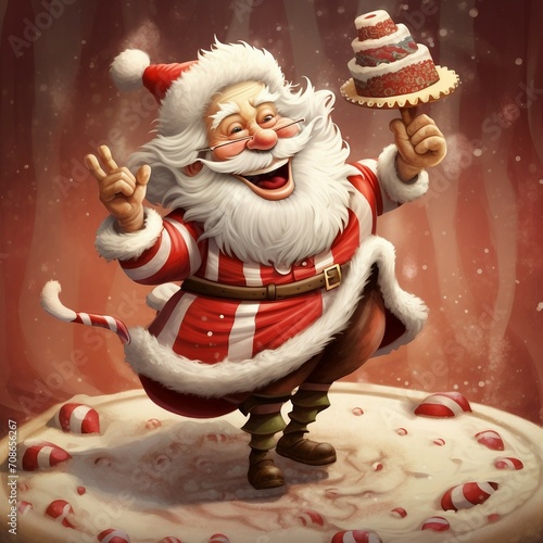a painting of a santa clause holding a cake