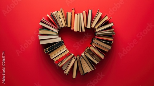 Heart Shape Made of Love story Books on Red Background. Artistic heart-shaped configuration of assorted books on a bold red background, symbolizing a passion for reading.