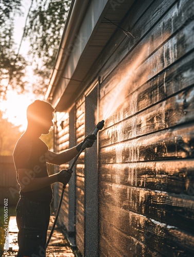 A white man using a rubber holding hose to pressure wash the exterior of a home.