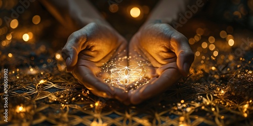 Golden Flower of Life backdrop with male hands and starlight symbolizes spiritual healing.