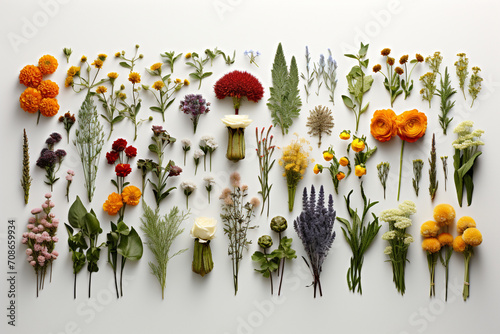 An assortment of aromatic dried herbs, neatly arranged on a white surface, evoking the essence of a kitchen garden in a simple and clean setting.