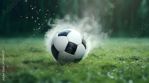 soccer ball on grass with smoke
