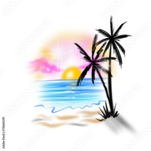 airbrush vintage tropical palm paradise beach island scene with clear sky on sunset sunrises you can add text for your tshirt merch design or background poster.