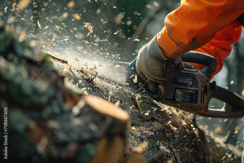 A person using a chainsaw to cut down a tree. Suitable for outdoor activities or forestry-related projects