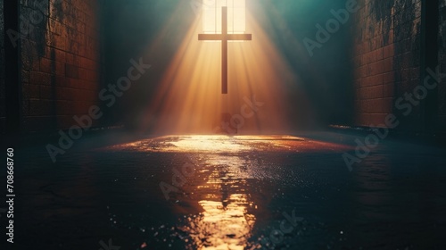A cross placed in the center of a dimly lit room. Suitable for religious themes and symbolism