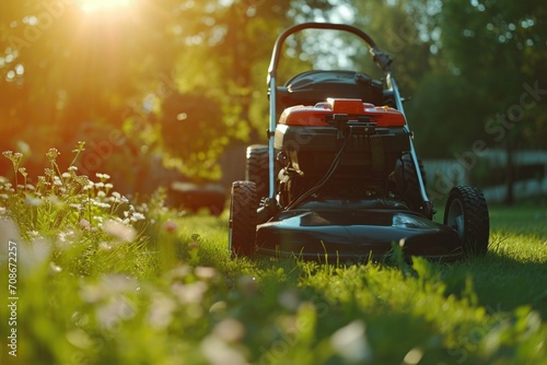 A lawn mower is parked in the grass. Suitable for landscaping and gardening themes