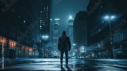 A hooded man walks through a de-energized city. Blackout. The electricity is turned off. Night. Without light. The view from the back.