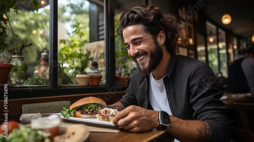 Happy man eating a delicious vegan burger in a restaurant