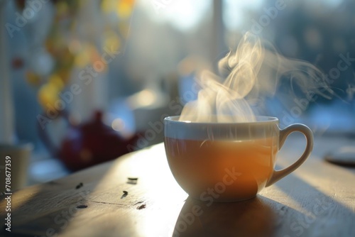 A hot cup of tea sitting on a table. Perfect for cozy and relaxing themes