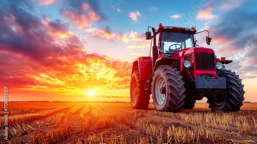 large red tractor in a harvested field with a stunning orange and blue sunset in the sky above