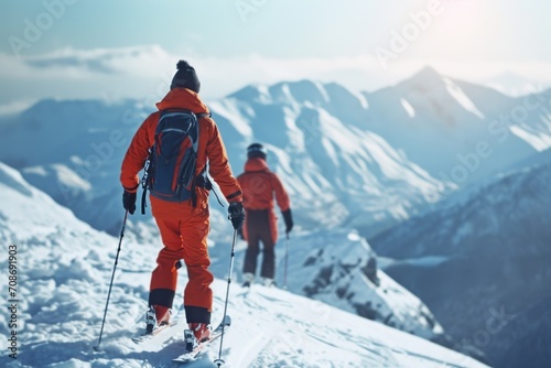 A group of skiers standing on top of a snow covered mountain. Perfect for winter sports and adventure travel.