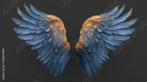 Blue and gold wings on a black background. Versatile image suitable for various concepts and themes