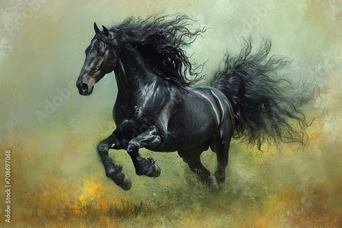 A powerful black horse with flowing mane stands majestically against a vibrant green ground, exuding strength and beauty.AI generated.