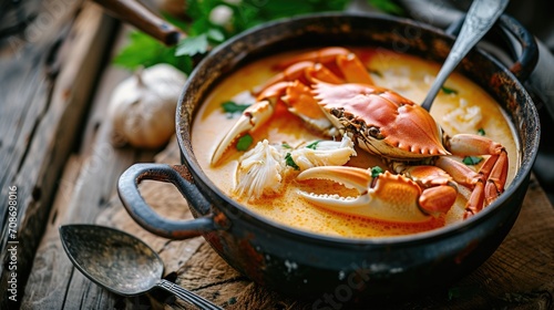 A delicious bowl of soup with a crab floating in it. Perfect for seafood lovers. Can be used to showcase culinary delights or as an appetizing image in a recipe book or food blog