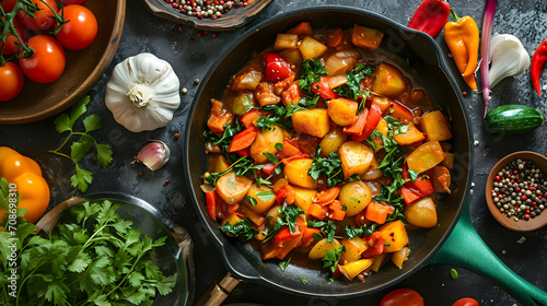 A frying pan with a colorful vegetable stew containing potatoes, tomatoes, and bell peppers, garnished with parsley