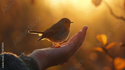 Tiny bird rests on a persons hand in the sunset