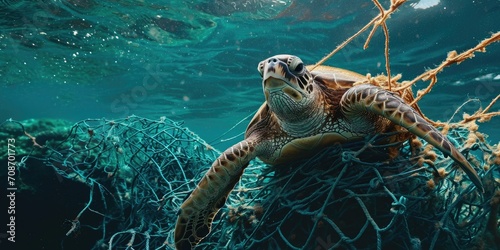 Green sea turtle tangled in fishing net. Concept of environmental pollution. 