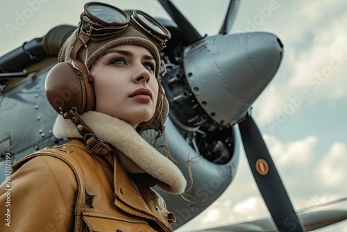 Model dressed as a vintage pilot next to a classic aircraft