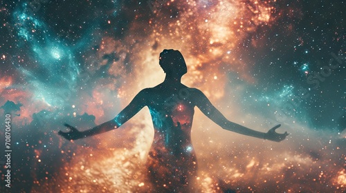 Naked woman with hands in the air against the backdrop of the universe