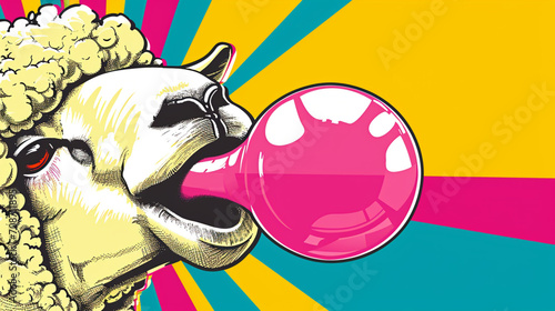 Wow pop art. Sheep's face lips blowing bubble with a pink bubble gum. Vector colorful background in pop art retro.