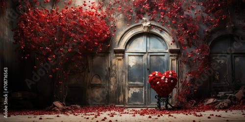 heart-shaped door, a symbol of love and connection, stands as a focal point on the path. The couple, 