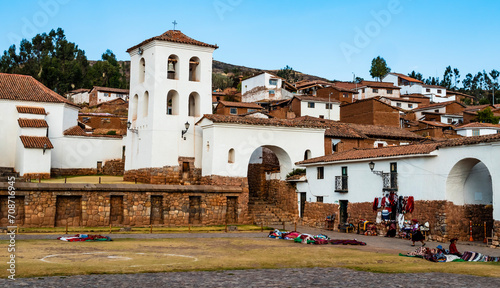 Amazing architectures of Chinchero old town, with traditional ethnic market in the main square, sacred valley near Cusco, Peru 