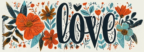 Floral Typography Vintage Illustration , illustration depicting the word 'LOVE' with floral embellishments and a rustic background, banner, greeting card, design template