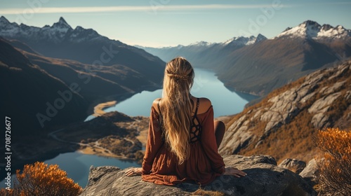 woman looking at mountain lake landscape