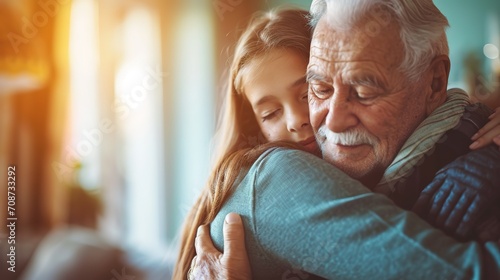 A tender moment as an elderly man hugs a young girl, likely his granddaughter, with a warm and affectionate embrace.