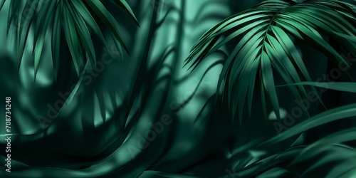 Product placement background with palm shadow on blue wall. Luxury silk background stage studio scene for beauty and fashion premium product. Satin drapery with palm leaves display mockup showcase.