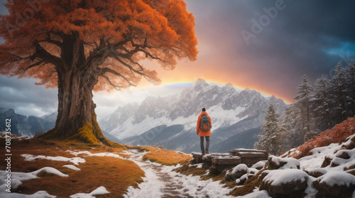 Viejo roble en otoño junto a un camino observado por un viajero explorador con las montañas nevadas al fondo