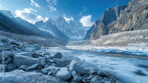 Nepalese glacier in spring, melting snow between high snowy mountains.