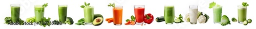 Set of freshly pressed vegetable juice smoothie with veggie toppings, carrots, cucumber, cauliflower, broccoli, pepper, spinach, celery, youth, avocado. Isolated cutout on transparent background
