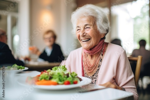 An elderly woman is enjoying her salad in a restaurant