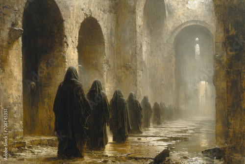 A neo classical style painting of Monks in an old Abbey in England