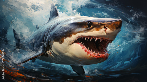Attacking angry shark with huge teeth underwater
