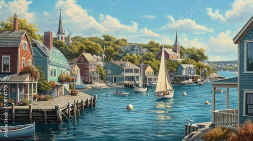  a painting of a harbor with a sailboat in the foreground and a row of houses on the other side of the water with a blue sky and clouds in the background.