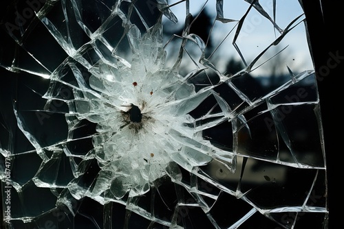 broken window glass with a hole from gun shot. Street violence. Broken windows theory. Visible signs of crime, antisocial behavior and civil disorder.