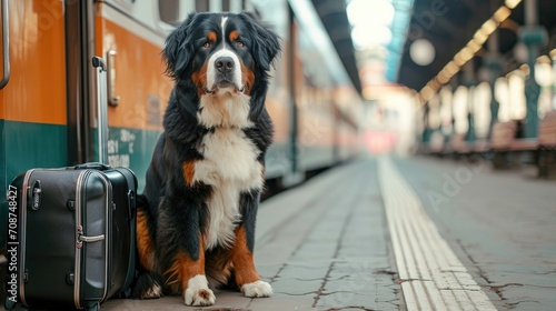Photo The Bernese Mountain Dog sits by a suitcase on the platform of the railway station. Traveling with a pet.