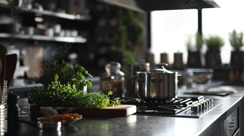  a kitchen counter with a potted plant on top of it next to a potted plant on a cutting board next to a stove top with pots and pans on it.