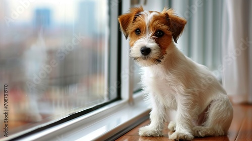 Adorable small dog standing on two legs by the window, searching or waiting for owner indoor pet