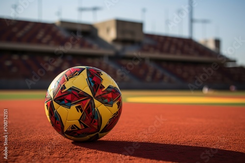 Fifa football patterned with african Ankara, placed on a football field in a stadium, African fifa Football, Generative Ai