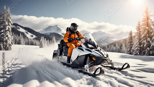 Racers ride a snowmobile in a winter suit in a beautiful magnificent snowy forest, mountains speed