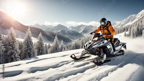 Racers ride a snowmobile in a winter suit in a beautiful magnificent snowy forest, mountains adventure
